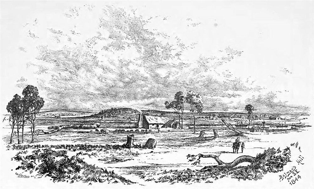 Pencil sketch of Batman's Hill and the open river flats in 1844