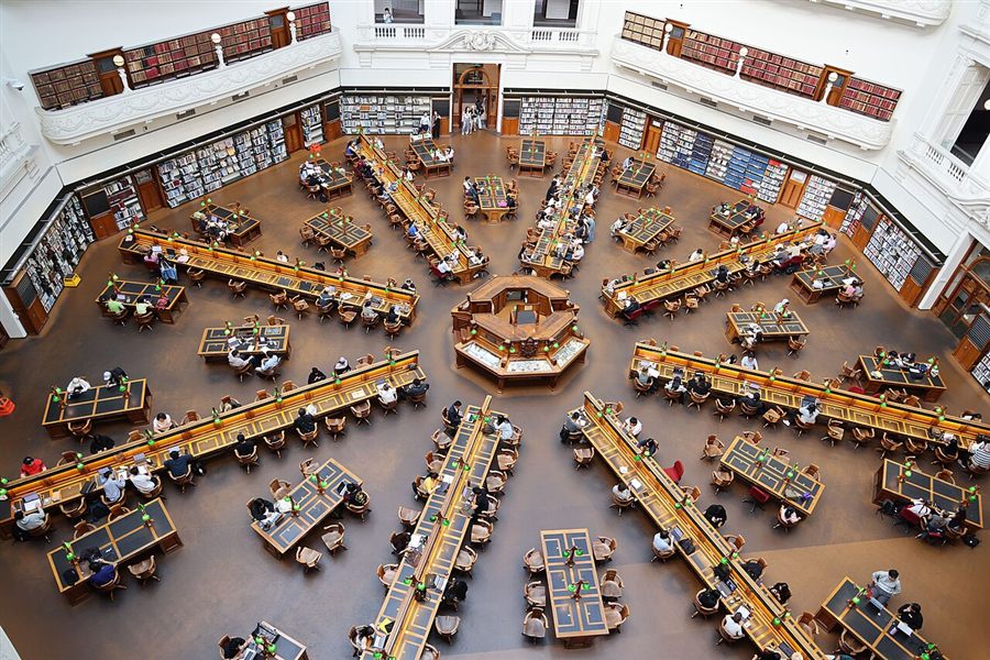 Looking down into the octagonal La Trobe Reading Room with its radiating desks