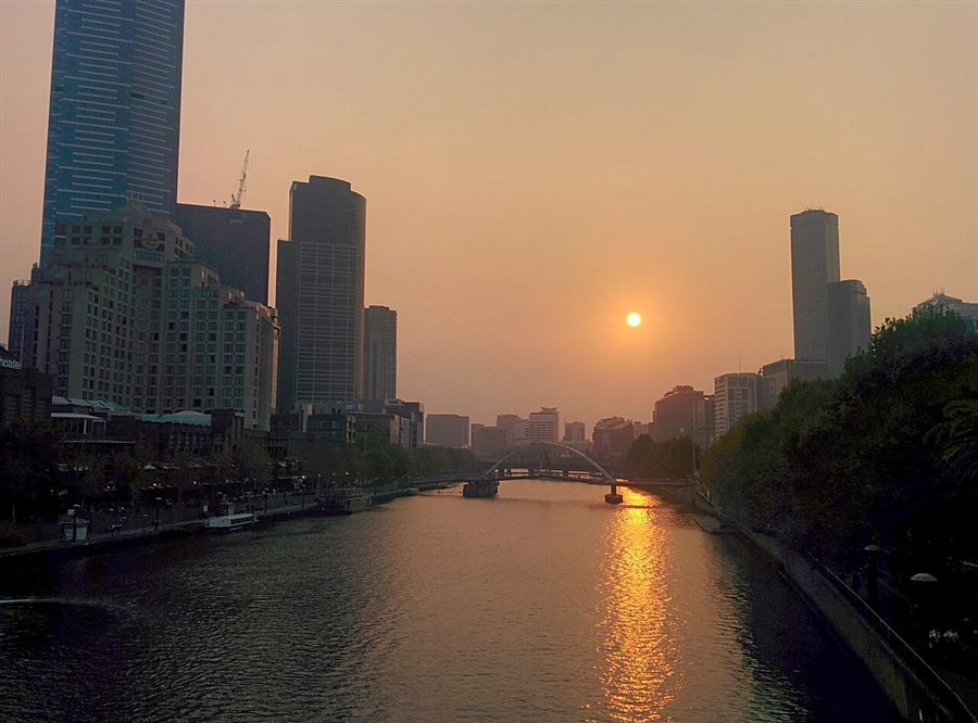 The Yarra River and Southbank footbridge glowing at sunset