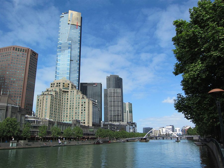 The Yarra River running past Southbank's towers and a footbridge